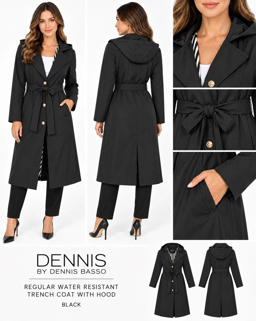 dennis by dennis basso water resistant trench coat with hood black size xs